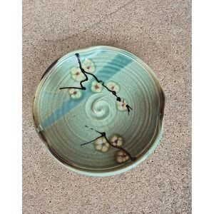 Signed Studio Pottery Dish Turquoise Celadon Ceramic Bowl Cherry Blossom Artisan